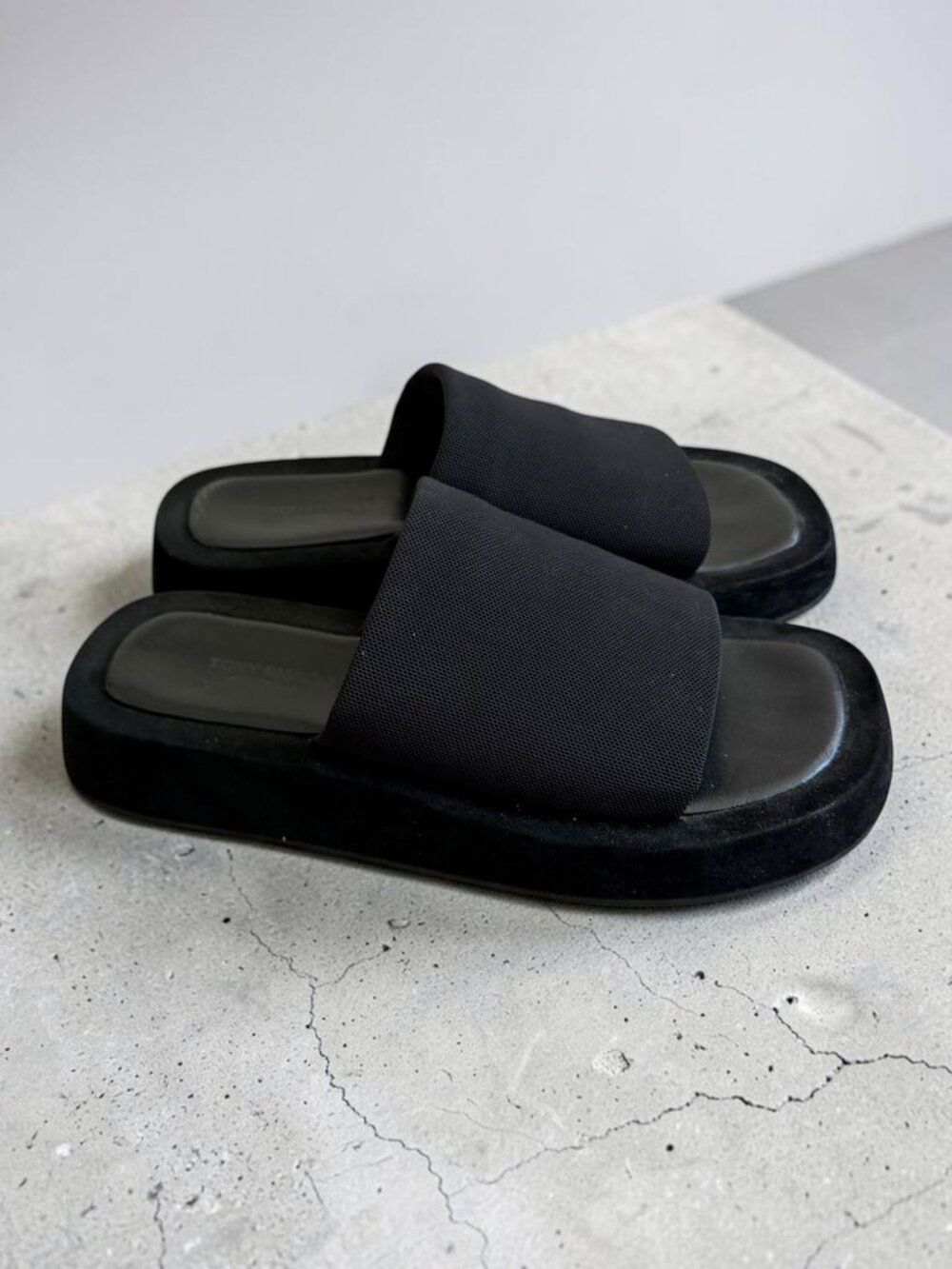 TONY BIANCO Black Stretch Slide Sandals Size 7